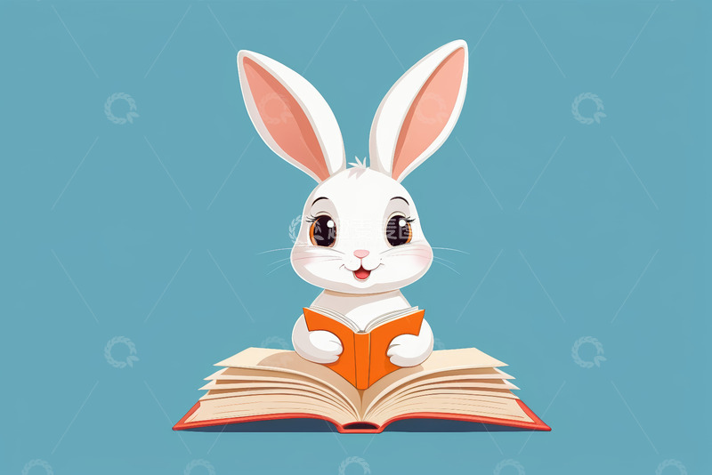 高清大图下载【趣麦麦图】白兔阅读书籍卡通插画素材