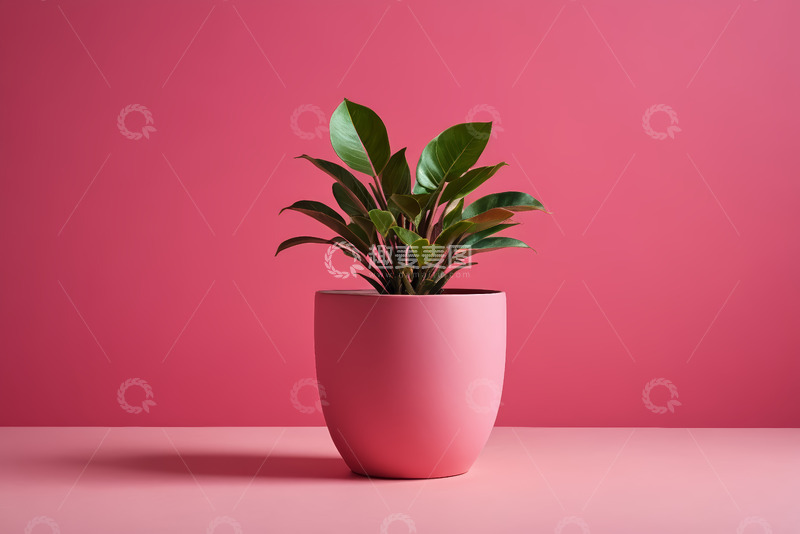 高清大图下载【趣麦麦图】粉色背景下的盆栽绿植