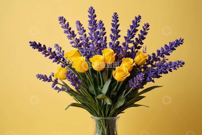 高清大图下载【趣麦麦图】花瓶中黄玫瑰与薰衣草花束