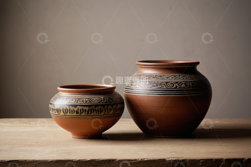 高清大图下载【趣麦麦图】桌面上装饰性花纹陶罐