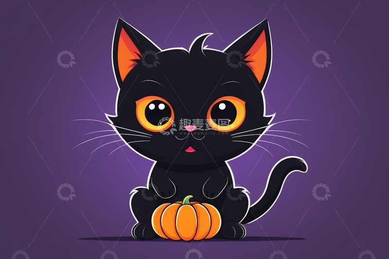 高清大图下载【趣麦麦图】可爱黑猫与南瓜卡通形象