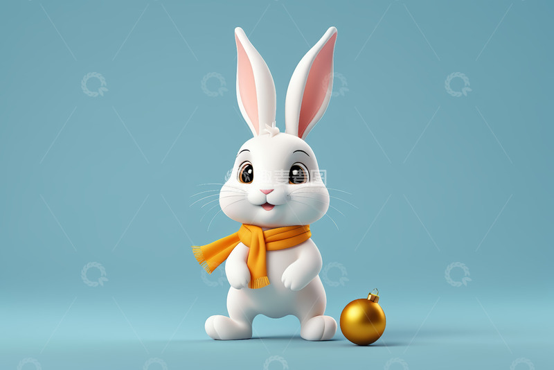 高清大图下载【趣麦麦图】戴围巾的卡通兔子与金色圆球