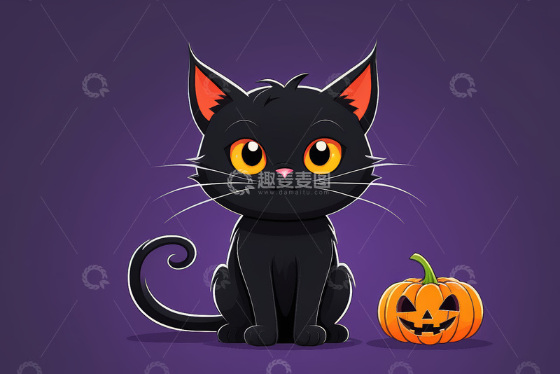高清大图下载【趣麦麦图】卡通黑猫与南瓜灯