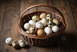 木桌上篮子里的鸡蛋和鹌鹑蛋