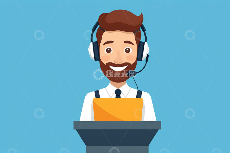 高清大图下载【趣麦麦图】戴耳机客服人员使用笔记本电脑