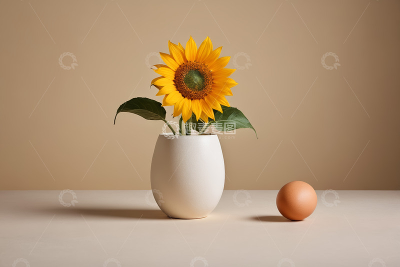 高清大图下载【趣麦麦图】白花瓶中黄色向日葵与鸡蛋