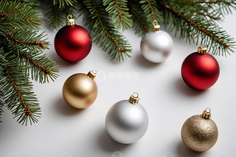 高清大图下载【趣麦麦图】圣诞装饰球与松枝静物素材
