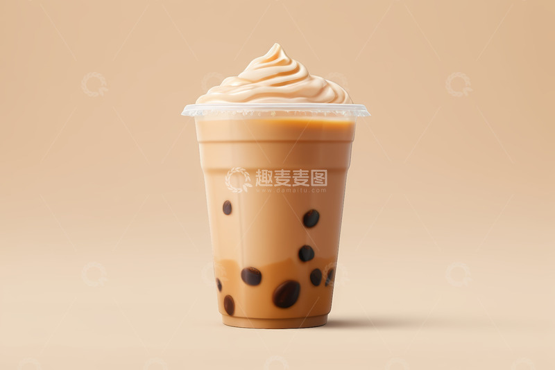 高清大图下载【趣麦麦图】塑料杯装奶油顶珍珠奶茶
