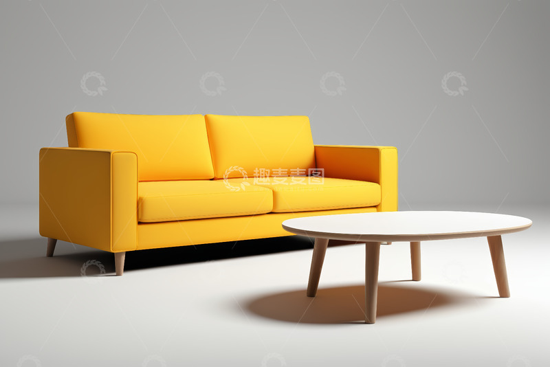 高清大图下载【趣麦麦图】黄色沙发搭配白色茶几家居场景