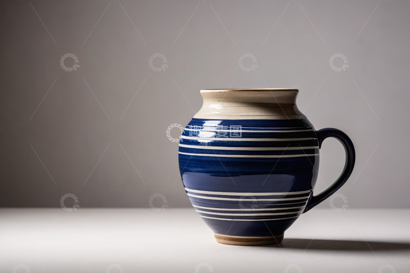 高清大图下载【趣麦麦图】蓝白条纹陶瓷杯特写