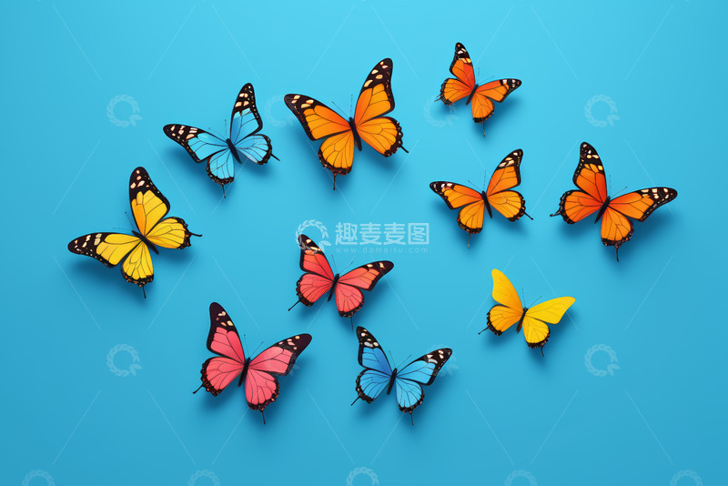 高清大图下载【趣麦麦图】蓝色背景上的多彩蝴蝶