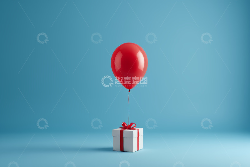 高清大图下载【趣麦麦图】蓝色背景红气球系白色礼物盒