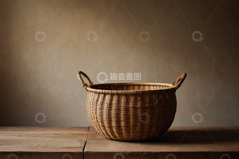 高清大图下载【趣麦麦图】木质桌面上的柳条编织篮