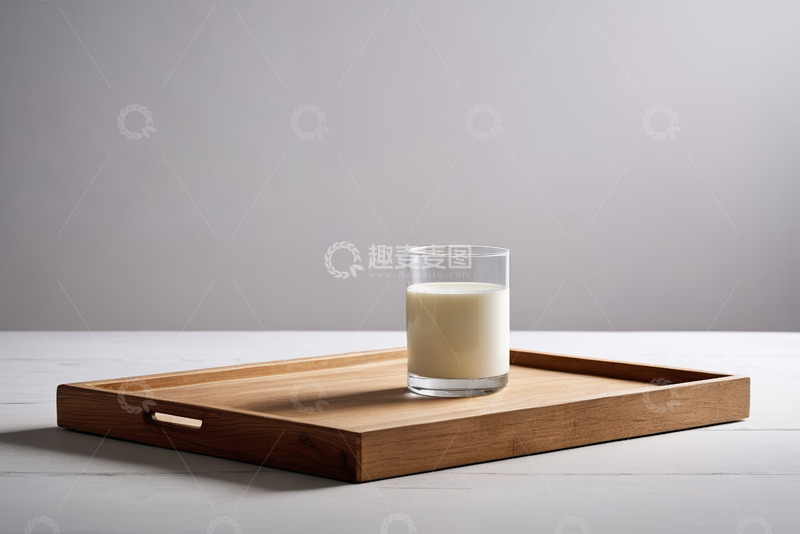 高清大图下载【趣麦麦图】木托盘上的玻璃杯装牛奶