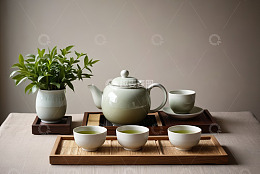 中式茶具与绿植的静物组合