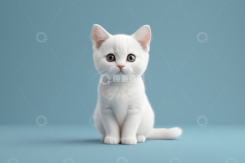高清大图下载【趣麦麦图】白色小猫坐立浅蓝色背景