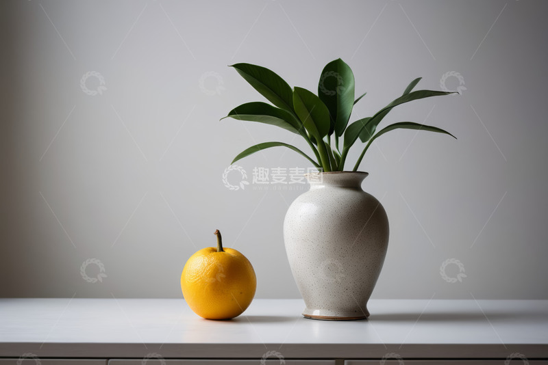 高清大图下载【趣麦麦图】白色花瓶绿植与黄色水果静物