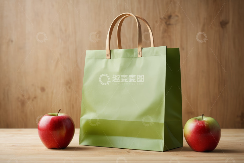 高清大图下载【趣麦麦图】绿色购物袋与红苹果静物