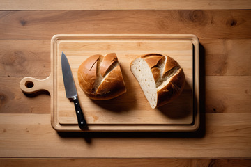 木制砧板上切开的面包