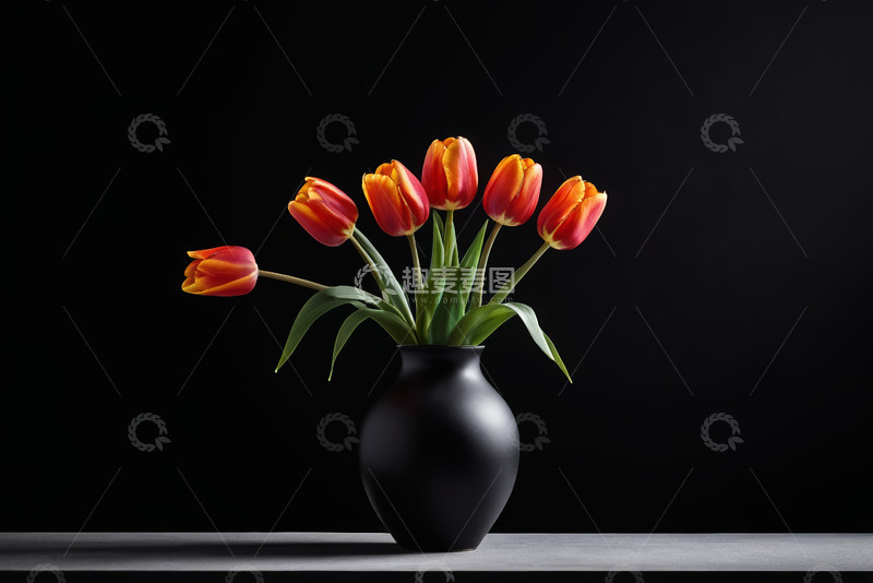 高清大图下载【趣麦麦图】黑花瓶中橙红色郁金香