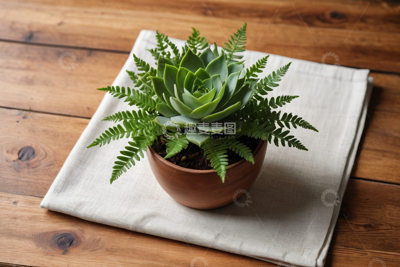 高清大图下载【趣麦麦图】木桌上的多肉与蕨类盆栽