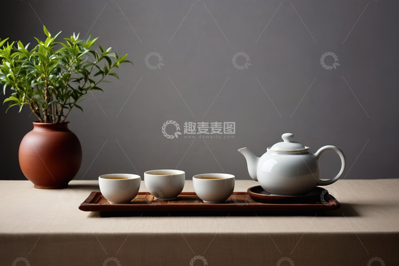 高清大图下载【趣麦麦图】中式茶具与绿植静物摆拍