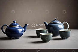 蓝色茶壶与茶杯静物