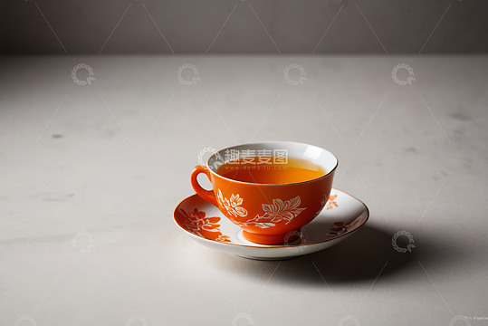 橙色花纹茶杯中的茶饮