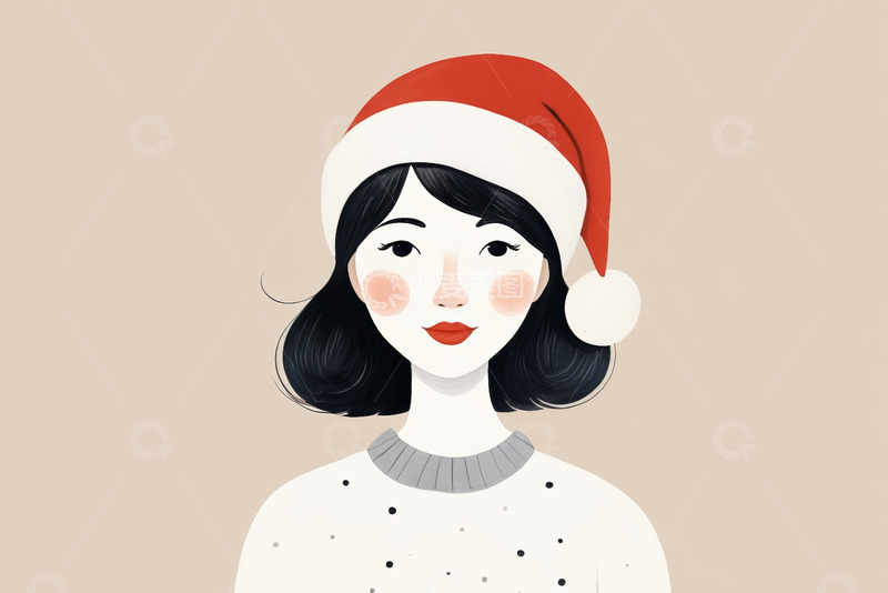 高清大图下载【趣麦麦图】戴圣诞帽的女性插画