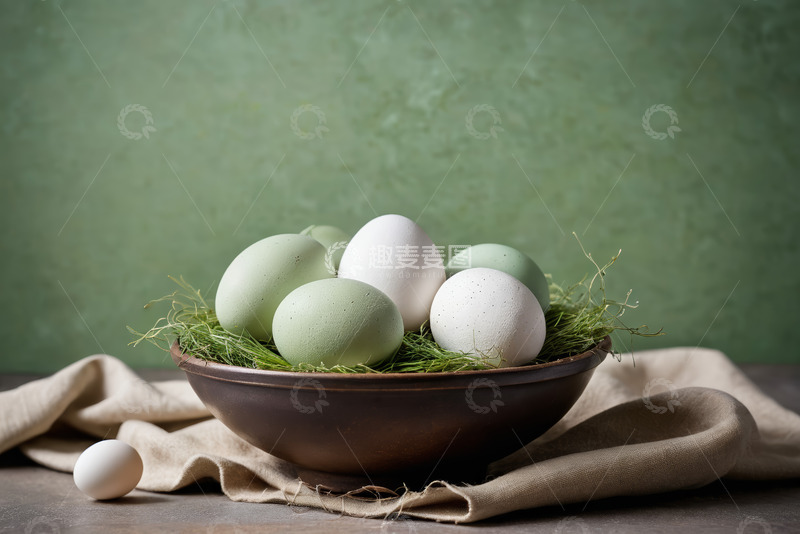 高清大图下载【趣麦麦图】碗中摆放的彩蛋和鸡蛋