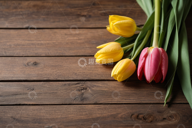 高清大图下载【趣麦麦图】木质背景上的郁金香花卉
