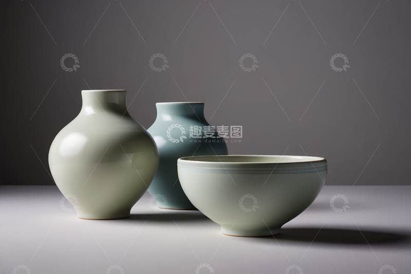 高清大图下载【趣麦麦图】浅绿色陶瓷花瓶与碗静物展示