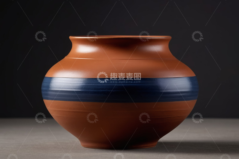 高清大图下载【趣麦麦图】带蓝色条纹的棕色陶瓷陶罐
