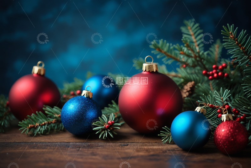 高清大图下载【趣麦麦图】圣诞装饰球与松枝静物