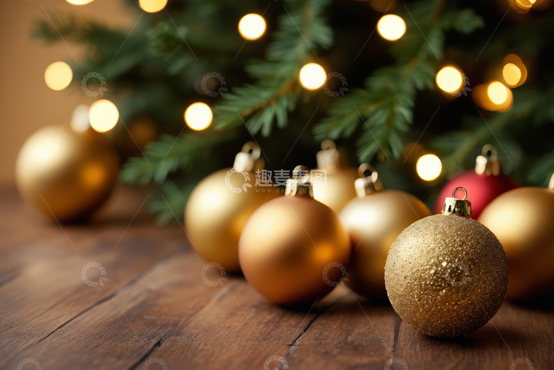 高清大图下载【趣麦麦图】木质桌面上的圣诞装饰球