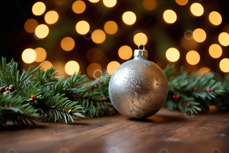 高清大图下载【趣麦麦图】银色圣诞球与松枝装饰画面