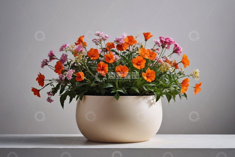 高清大图下载【趣麦麦图】白色花盆中的多彩花卉