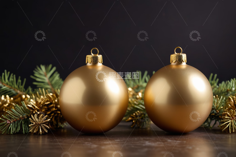 高清大图下载【趣麦麦图】金色圣诞装饰球与松枝