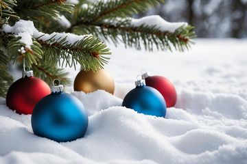 雪地中圣诞装饰球与松枝