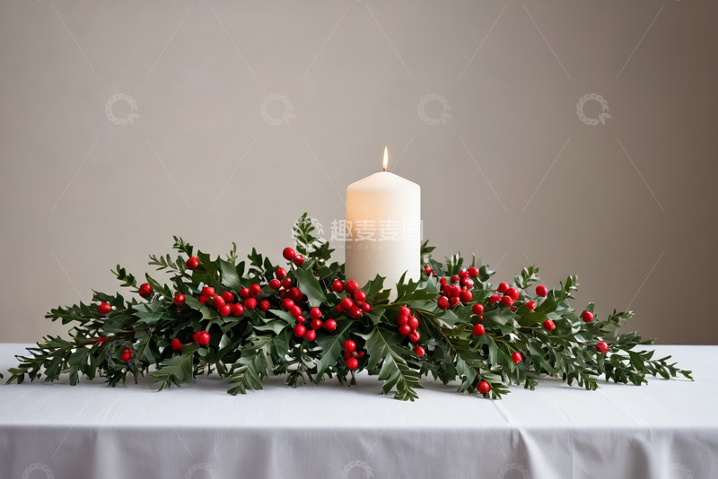 高清大图下载【趣麦麦图】蜡烛与冬青浆果装饰摆件