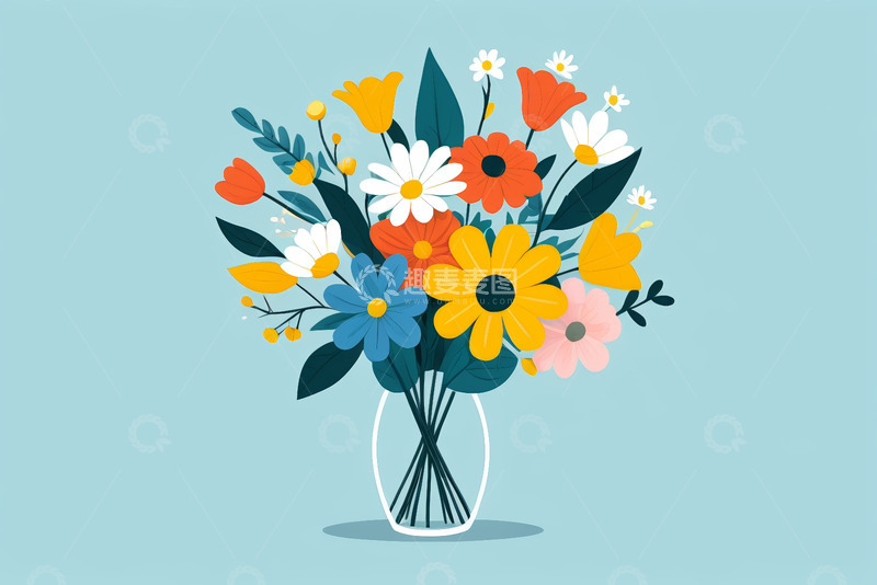 高清大图下载【趣麦麦图】插画风格花瓶中的多彩花卉