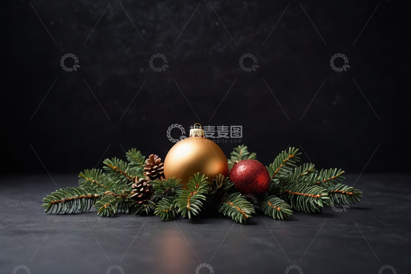 高清大图下载【趣麦麦图】圣诞装饰球形挂件与松枝