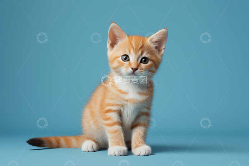 高清大图下载【趣麦麦图】蓝色背景前的橘色条纹小猫