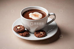 白色杯子装热饮配巧克力饼干