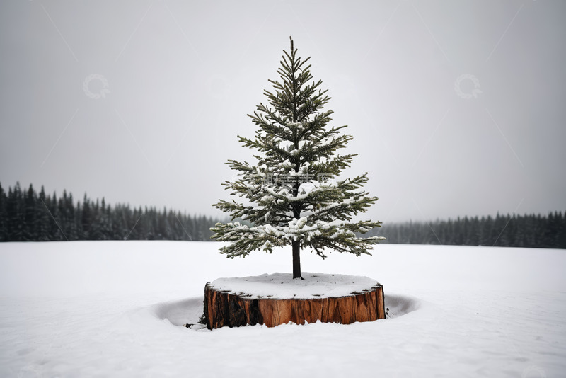 高清大图下载【趣麦麦图】雪地上树桩旁的松树