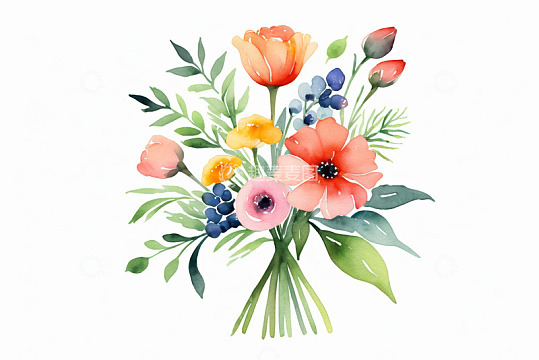 水彩手绘多彩花卉花束