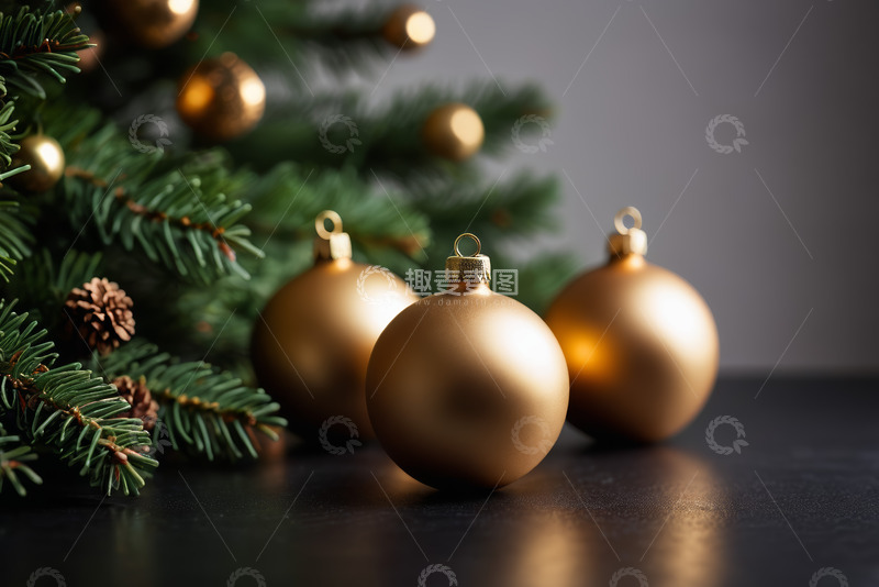 高清大图下载【趣麦麦图】圣诞树下的金色装饰球