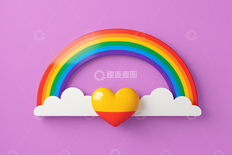 紫色背景彩虹云朵爱心素材