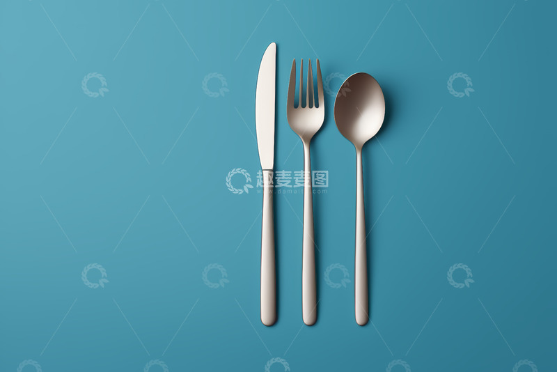 高清大图下载【趣麦麦图】蓝色背景下的刀叉勺餐具