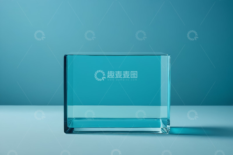 高清大图下载【趣麦麦图】蓝色背景下的透明玻璃方块